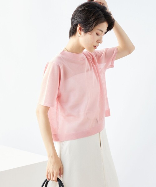 NOLLEY’S(ノーリーズ)の「《手洗い可能》シアーハイネック天竺半袖プルオーバーニット(ニット/セーター・レディース・ピンク/ベージュ/ブラック・38)」の1枚目の写真