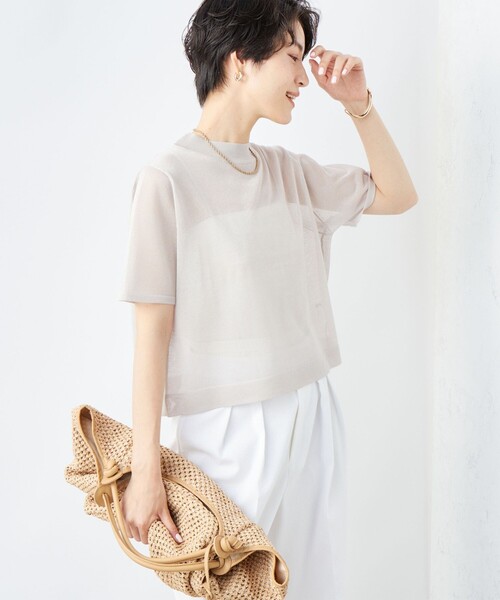 NOLLEY’S(ノーリーズ)の「《手洗い可能》シアーハイネック天竺半袖プルオーバーニット(ニット/セーター・レディース・ピンク/ベージュ/ブラック・38)」の4枚目の写真