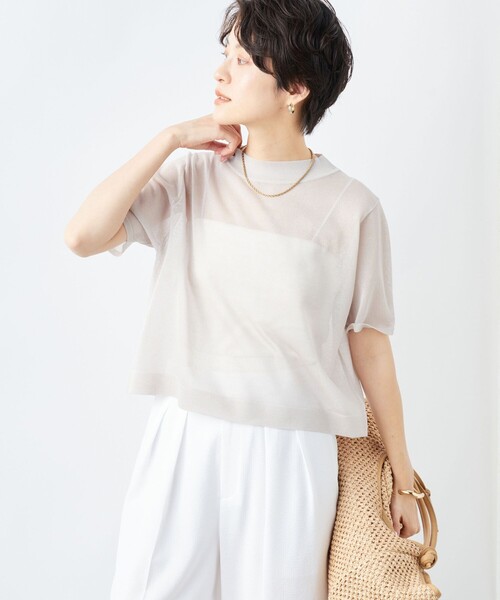 NOLLEY’S(ノーリーズ)の「《手洗い可能》シアーハイネック天竺半袖プルオーバーニット(ニット/セーター・レディース・ピンク/ベージュ/ブラック・38)」の5枚目の写真