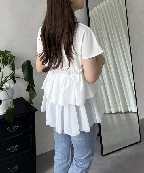 prose verse(プロズヴェール)の「メッシュ切替ティアードフリルTシャツ(Tシャツ/カットソー・レディース・ブラック/オフホワイト・MEDIUM)」の8枚目の写真