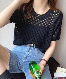 半袖メッシュニットトップス