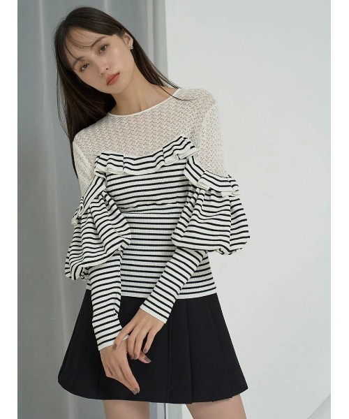 完売品　MACHATT　ボーダードッキングプルオーバー　フリル　ニット　洗える 完売品 MACHATT ボーダードッキングプルオーバー フリル ニット