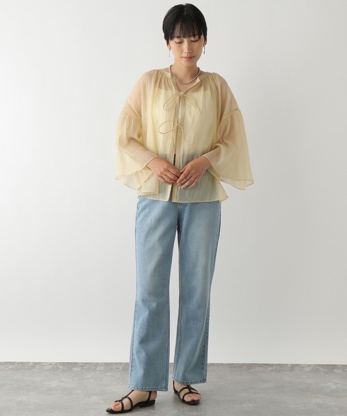 セール】シアーリボン5分袖ブラウス 132421（シャツ/ブラウス