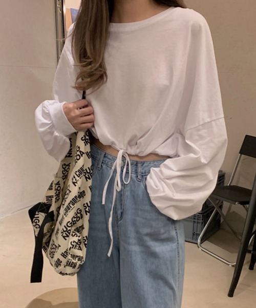 c.u.l（シーユーエル）の「裾ドロスト ショート丈 ロンＴ culw718（Tシャツ/カットソー・レディース・ブラック/ホワイト/グレー・FREE）」の2枚目の写真