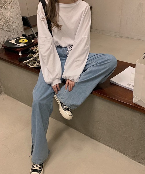 c.u.l（シーユーエル）の「裾ドロスト ショート丈 ロンＴ culw718（Tシャツ/カットソー・レディース・ブラック/ホワイト/グレー・FREE）」の4枚目の写真