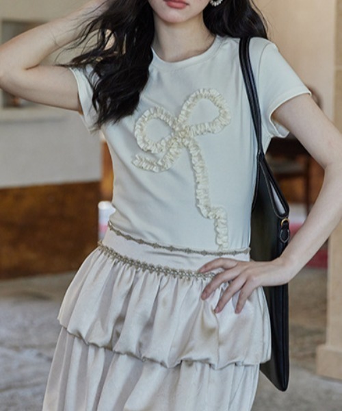 Vipoa(ヴィポア)の「frill ribbon chibi tee(Tシャツ/カットソー・レディース・アイボリー/グレー・FREE)」の5枚目の写真