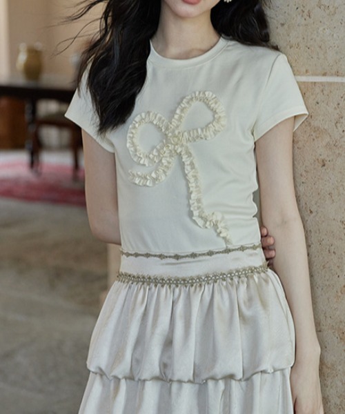 Vipoa(ヴィポア)の「frill ribbon chibi tee(Tシャツ/カットソー・レディース・アイボリー/グレー・FREE)」の4枚目の写真