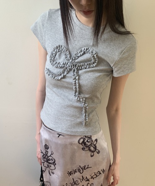 Vipoa(ヴィポア)の「frill ribbon chibi tee(Tシャツ/カットソー・レディース・アイボリー/グレー・FREE)」の3枚目の写真