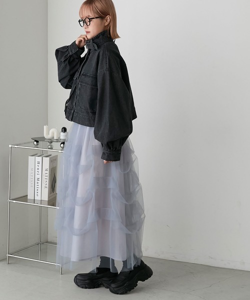 forksy.（フォルクシー）の「【forksy.】ボリュームスリーブショート丈デニムブルゾン（デニムジャケット・レディース・ケミカルウォッシュ/ダークグレー・FREE）」の16枚目の写真