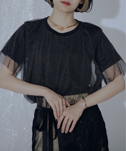 Ezick（エジック）の「ラメチュールTEE（Tシャツ/カットソー・レディース・ブラック/オフホワイト・FREE）」の3枚目の写真