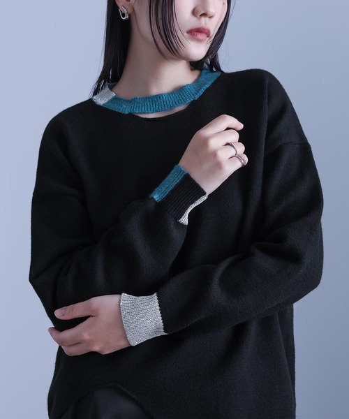 kOhAKU(コハク)の「配色ラメ切替アシメニット(ニット/セーター・レディース・ブラック/杢グレー・1/2)」の2枚目の写真