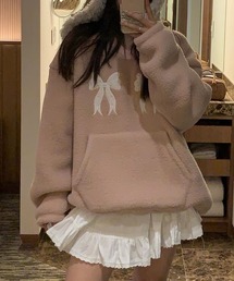 リボン刺繍ボアプルオーバー/カンガルーポケットVネックボアトップス