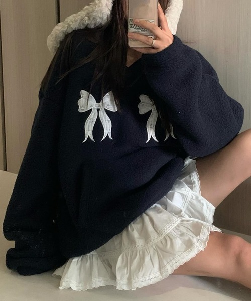 セール】リボン刺繍ボアプルオーバー/カンガルーポケットVネックボア