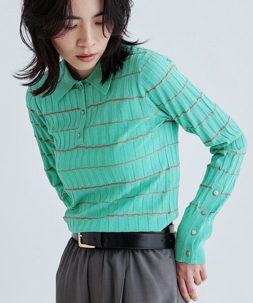 GALLEST（ギャレスト）の「シアーボーダーポロニット（ニット/セーター・レディース・ホワイト/グリーン系・38）」の3枚目の写真