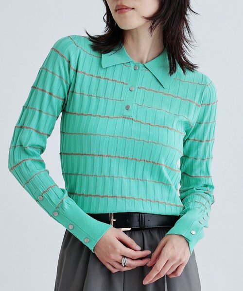 GALLEST（ギャレスト）の「シアーボーダーポロニット（ニット/セーター・レディース・ホワイト/グリーン系・38）」の4枚目の写真