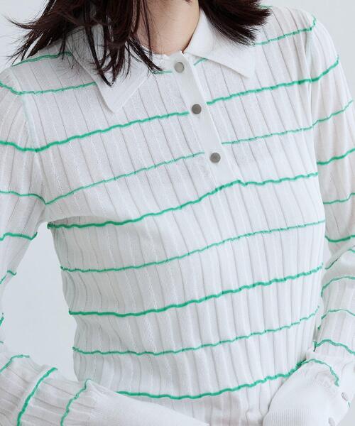 GALLEST（ギャレスト）の「シアーボーダーポロニット（ニット/セーター・レディース・ホワイト/グリーン系・38）」の6枚目の写真