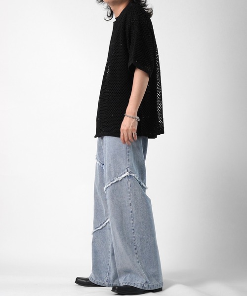 25SS 切替フリンジ ウォッシュ加工 ワイドストレートデニム