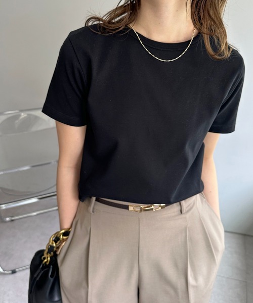 DISCOAT（ディスコート）の「コンパクトTシャツ（Tシャツ/カットソー・レディース・ベージュ/サックスブルー/ホワイト×ブラック/ブラック/オフホワイト/チャコールグレー・LARGE/MEDIUM）」の3枚目の写真