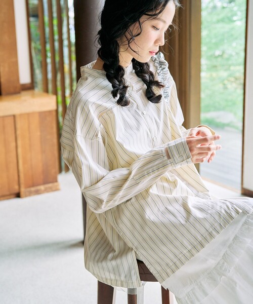 セール】限定展開 チュール 切り替え ストライプ シャツ（セットアップ