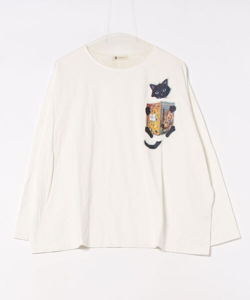 BARNDOOR(バーンドア)の「(BD)【BARNDOOR】猫 プリント 胸ポケット付き 長袖 Tシャツ(Tシャツ/カットソー・レディース・ブラック/オフホワイト/カーキ・FREE)」の1枚目の写真
