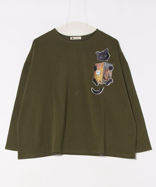 BARNDOOR(バーンドア)の「(BD)【BARNDOOR】猫 プリント 胸ポケット付き 長袖 Tシャツ(Tシャツ/カットソー・レディース・ブラック/オフホワイト/カーキ・FREE)」の3枚目の写真