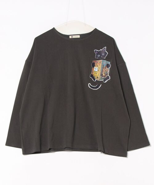 BARNDOOR(バーンドア)の「(BD)【BARNDOOR】猫 プリント 胸ポケット付き 長袖 Tシャツ(Tシャツ/カットソー・レディース・ブラック/オフホワイト/カーキ・FREE)」の2枚目の写真