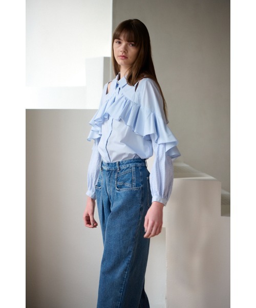 Estella.K（エステラケー）の「Madelina Blouses ラッフルカットアウトシャツ（シャツ/ブラウス・レディース・ホワイト/サックスブルー・FREE）」の11枚目の写真