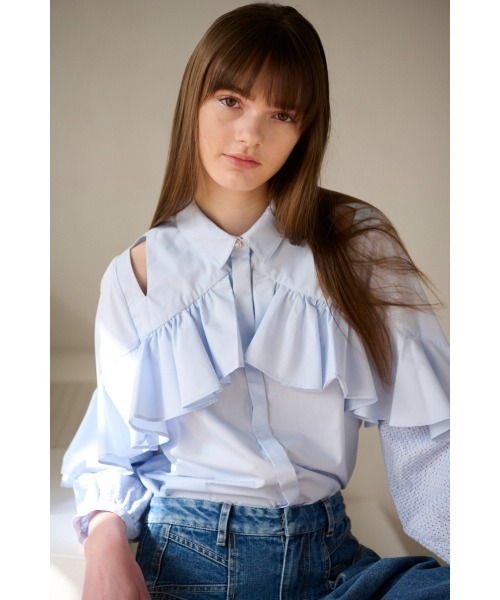 Estella.K（エステラケー）の「Madelina Blouses ラッフルカットアウトシャツ（シャツ/ブラウス・レディース・ホワイト/サックスブルー・FREE）」の9枚目の写真