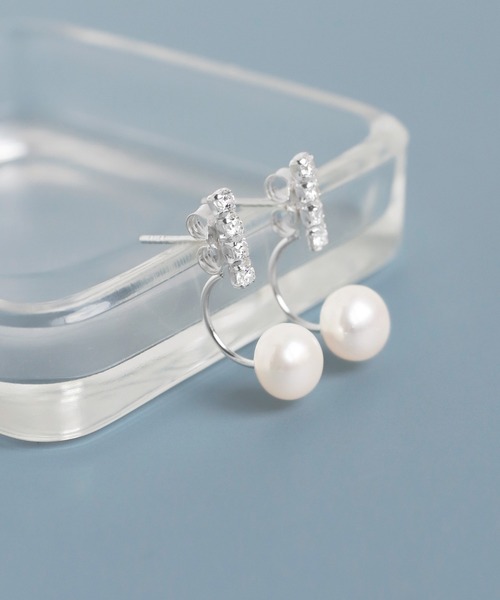 ピアス ビジューライン×パールバックキャッチピアス[silver925]（ピアス