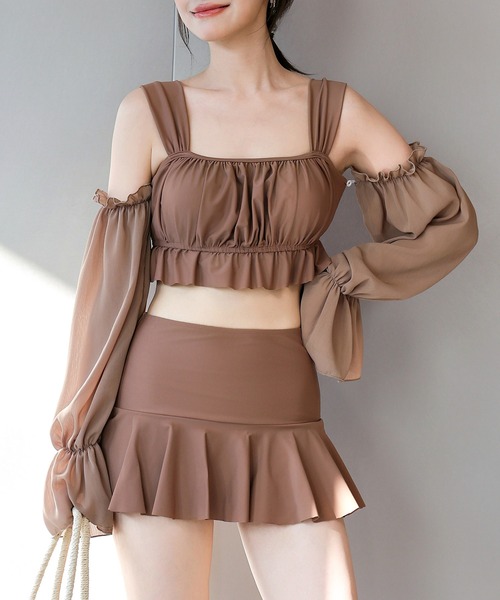 TeddyShop（テディショップ）の「レディース水着 2WAYオフショル風シアーベルスリーブアームカバー付きフリルビキニ 上下2点セット（水着・レディース・ホワイト/ブラック/ブラウン・S/L/M/LL）」の15枚目の写真