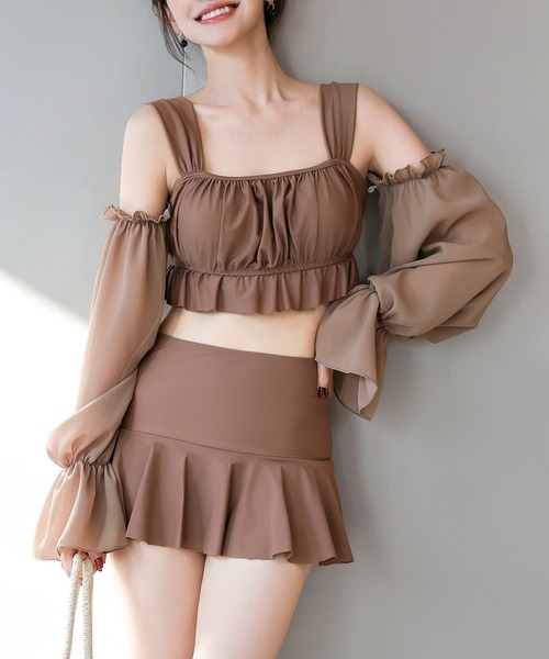 TeddyShop（テディショップ）の「レディース水着 2WAYオフショル風シアーベルスリーブアームカバー付きフリルビキニ 上下2点セット（水着・レディース・ホワイト/ブラック/ブラウン・S/L/M/LL）」の16枚目の写真