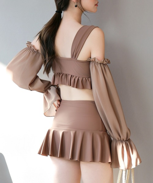 TeddyShop（テディショップ）の「レディース水着 2WAYオフショル風シアーベルスリーブアームカバー付きフリルビキニ 上下2点セット（水着・レディース・ホワイト/ブラック/ブラウン・S/L/M/LL）」の17枚目の写真