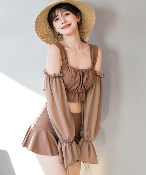 TeddyShop（テディショップ）の「レディース水着 2WAYオフショル風シアーベルスリーブアームカバー付きフリルビキニ 上下2点セット（水着・レディース・ホワイト/ブラック/ブラウン・S/L/M/LL）」の13枚目の写真