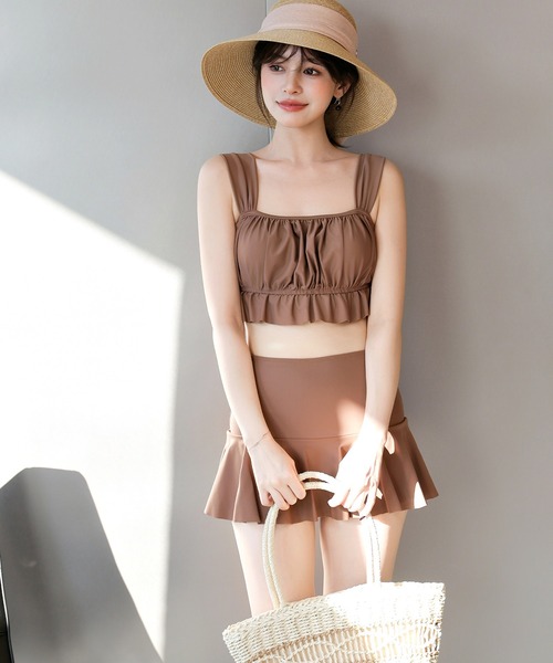 TeddyShop（テディショップ）の「レディース水着 2WAYオフショル風シアーベルスリーブアームカバー付きフリルビキニ 上下2点セット（水着・レディース・ホワイト/ブラック/ブラウン・S/L/M/LL）」の14枚目の写真