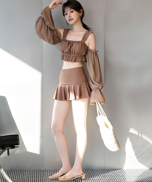 ■韓国■ フリル ベルト付 ハイウェストビキニ オフショル 2Way TeddyShop 水着 レディース水着 オフショル風2WAYフリルハイ