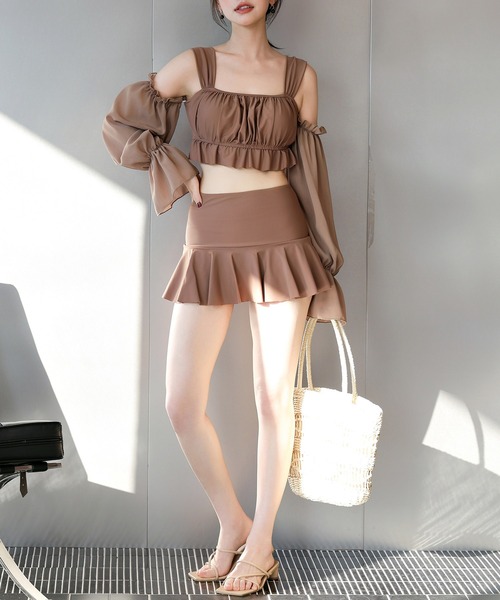 TeddyShop（テディショップ）の「レディース水着 2WAYオフショル風シアーベルスリーブアームカバー付きフリルビキニ 上下2点セット（水着・レディース・ホワイト/ブラック/ブラウン・S/L/M/LL）」の20枚目の写真