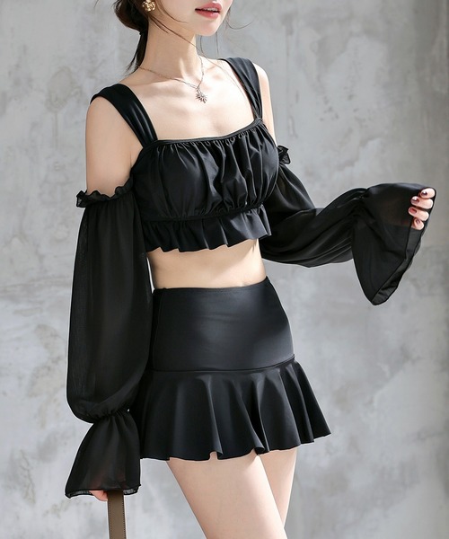 TeddyShop（テディショップ）の「レディース水着 2WAYオフショル風シアーベルスリーブアームカバー付きフリルビキニ 上下2点セット（水着・レディース・ホワイト/ブラック/ブラウン・S/L/M/LL）」の9枚目の写真