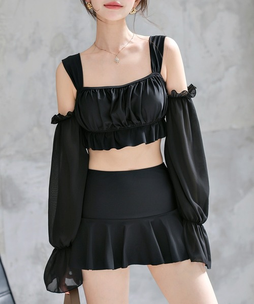 TeddyShop（テディショップ）の「レディース水着 2WAYオフショル風シアーベルスリーブアームカバー付きフリルビキニ 上下2点セット（水着・レディース・ホワイト/ブラック/ブラウン・S/L/M/LL）」の10枚目の写真