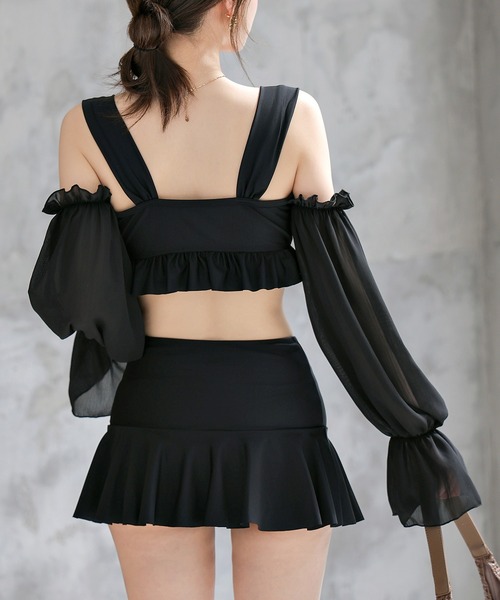 TeddyShop（テディショップ）の「レディース水着 2WAYオフショル風シアーベルスリーブアームカバー付きフリルビキニ 上下2点セット（水着・レディース・ホワイト/ブラック/ブラウン・S/L/M/LL）」の11枚目の写真