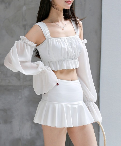 TeddyShop（テディショップ）の「レディース水着 2WAYオフショル風シアーベルスリーブアームカバー付きフリルビキニ 上下2点セット（水着・レディース・ホワイト/ブラック/ブラウン・S/L/M/LL）」の5枚目の写真