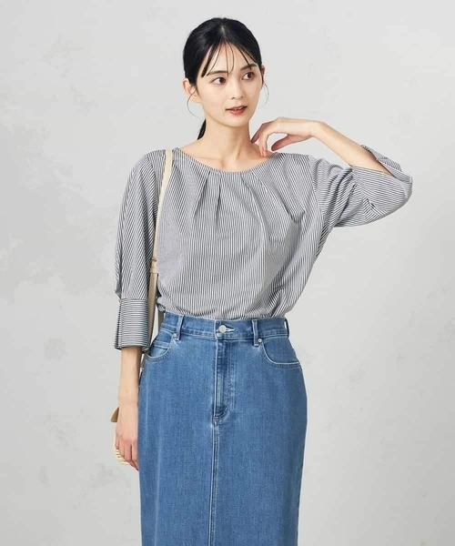 a.v.v(アーヴェヴェ)の「【UVカット/イージーケア】ストライプタックスリーブカットソー(Tシャツ/カットソー・レディース・ブルー/ブラック・34/38/36/42/40)」の9枚目の写真