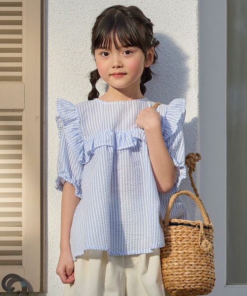 Piet(ピエット)の「ストライプ フリルブラウス(シャツ/ブラウス・キッズ・サックスブルー/ブラック・100/130/120/110)」の2枚目の写真