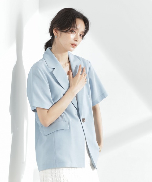 NANO universe（ナノユニバース）の「メランジドライ 半袖テーラードジャケット(セットアップ可)（テーラードジャケット・レディース・ライトブルー/ブラック/ライトベージュ・S/M）」の5枚目の写真