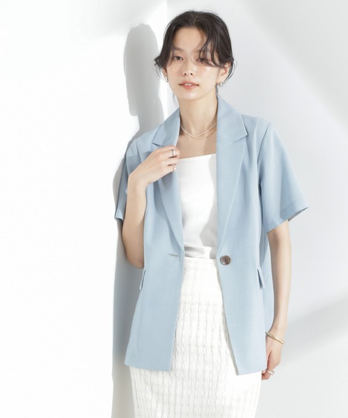 NANO universe（ナノユニバース）の「メランジドライ 半袖テーラードジャケット(セットアップ可)（テーラードジャケット・レディース・ライトブルー/ブラック/ライトベージュ・S/M）」の4枚目の写真