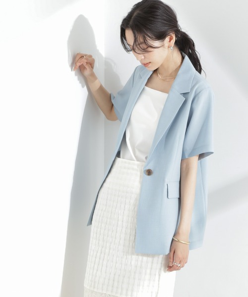 NANO universe（ナノユニバース）の「メランジドライ 半袖テーラードジャケット(セットアップ可)（テーラードジャケット・レディース・ライトブルー/ブラック/ライトベージュ・S/M）」の6枚目の写真