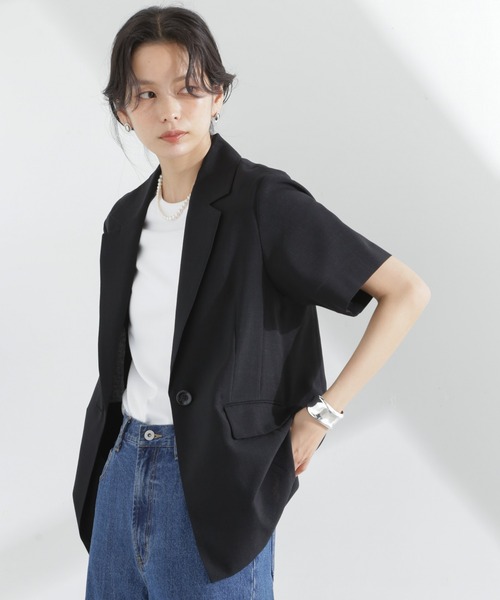 NANO universe（ナノユニバース）の「メランジドライ 半袖テーラードジャケット(セットアップ可)（テーラードジャケット・レディース・ライトブルー/ブラック/ライトベージュ・S/M）」の21枚目の写真