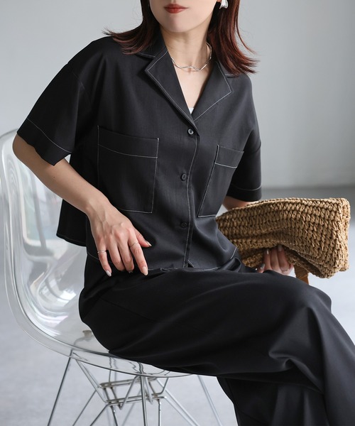 Riberry（リベリー）の「配色ステッチ半袖セットアップ（セットアップ・レディース・チャコールグレー/ベージュ/ブラック・FREE）」の9枚目の写真