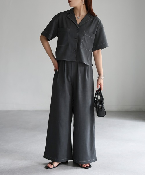 Riberry（リベリー）の「配色ステッチ半袖セットアップ（セットアップ・レディース・チャコールグレー/ベージュ/ブラック・FREE）」の6枚目の写真