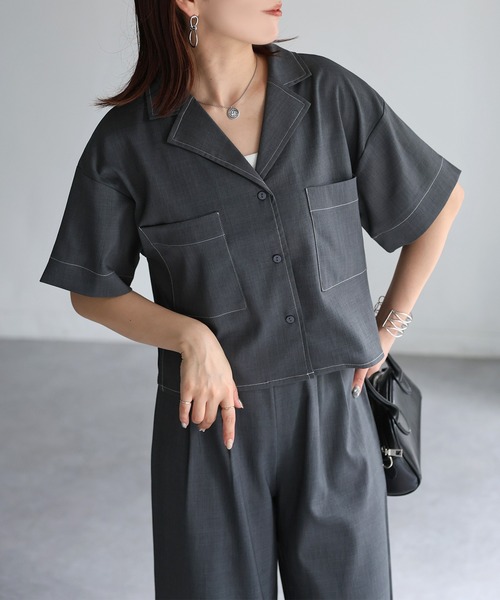 Riberry（リベリー）の「配色ステッチ半袖セットアップ（セットアップ・レディース・チャコールグレー/ベージュ/ブラック・FREE）」の14枚目の写真