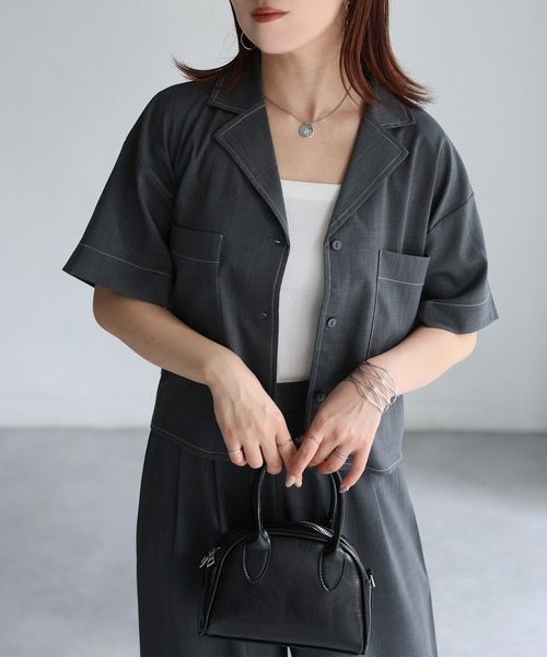 Riberry（リベリー）の「配色ステッチ半袖セットアップ（セットアップ・レディース・チャコールグレー/ベージュ/ブラック・FREE）」の5枚目の写真